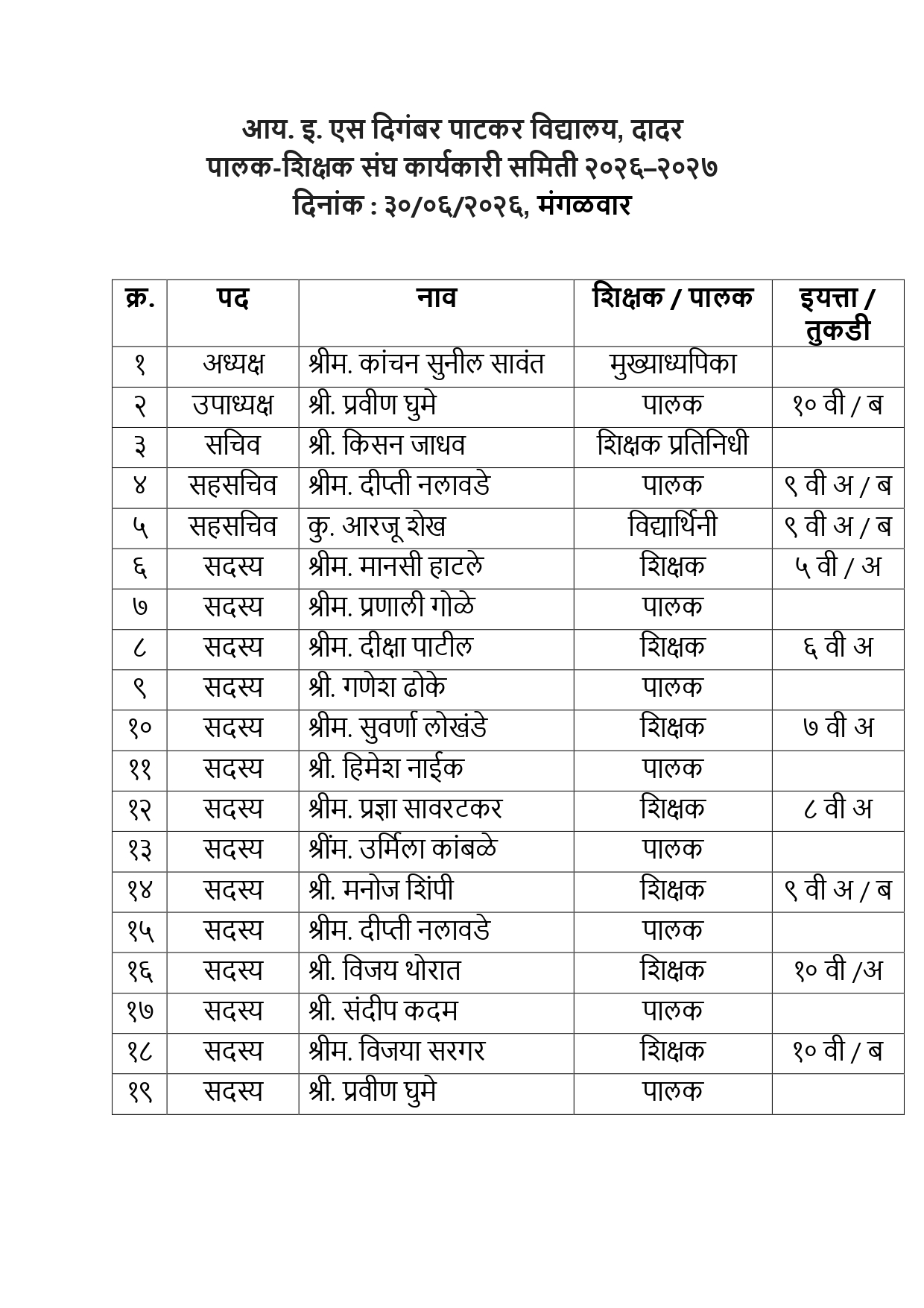 PTA LIST 2026-27